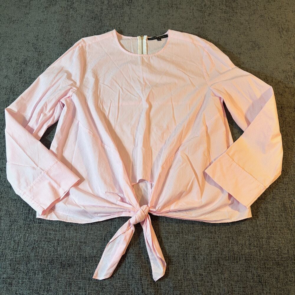 Antonio Milani M Pink & White Striped Long Sleeve Tie Front Blouse Top Crew Neck